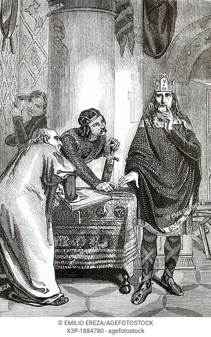 Charlemagne Charles the Great, 742-814, dictating his surrender  Antique illustration, 1855