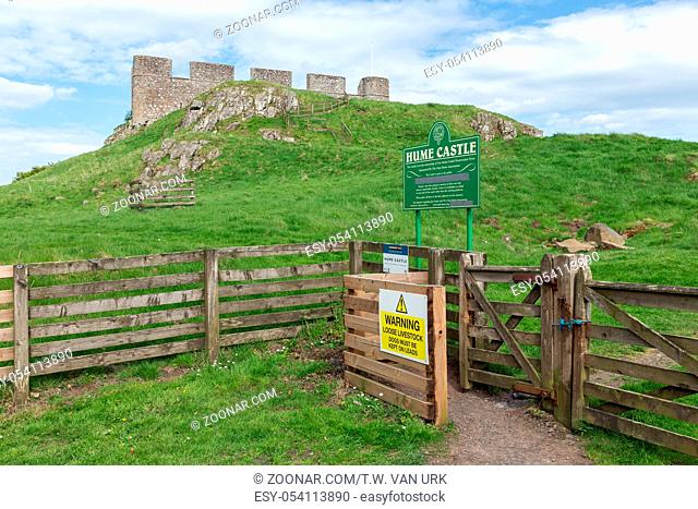 Hume, Scotland - May 18, 2018: Ruin of old castle in Scottish borders near Hume