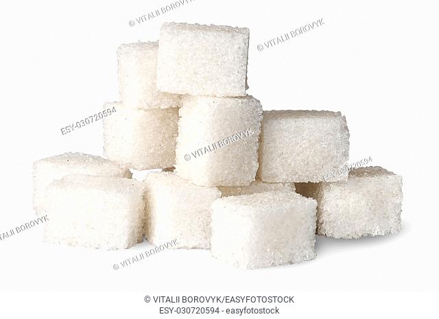 Pile of white sugar cubes isolated on white background