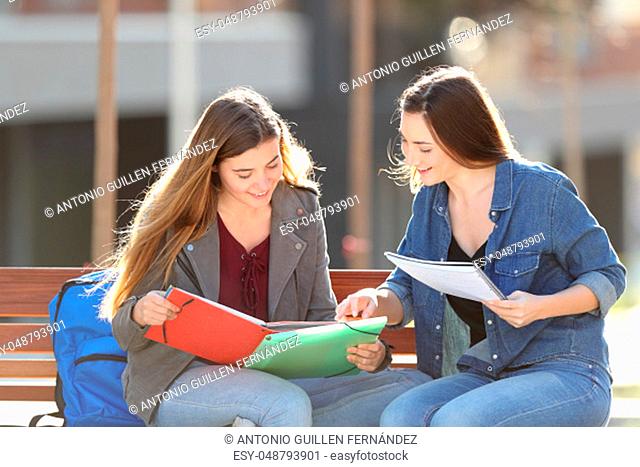 Two happy students studying comparing notes sitting on a bench in a park