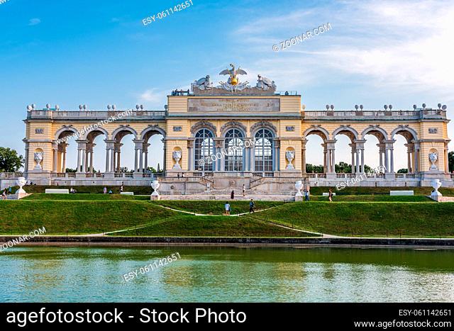 The pavillion of Gloriette at the top of a hill in the gardens of the Schonbrunn Palace in Vienna