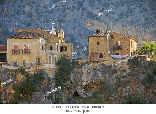 Village situated atop steep cliffs in Pollino National Park, Calabria, Southern Italy