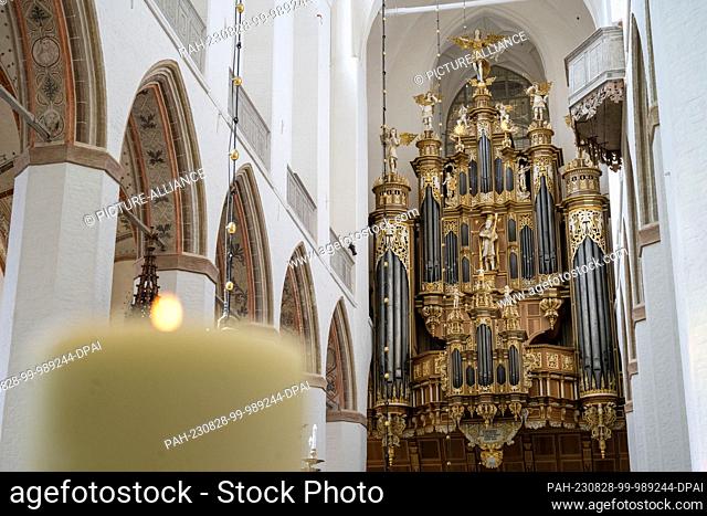 28 August 2023, Mecklenburg-Western Pomerania, Stralsund: The Stellwagen organ with figural representations in St. Mary's Church in Stralsund