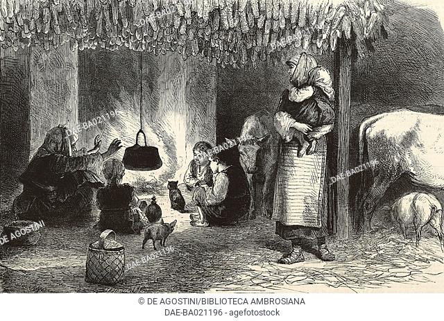 Interior of an ordinary Bulgarian peasant dwelling, Bulgaria, illustration from the magazine The Graphic, volume XV, no 379, March 3, 1877