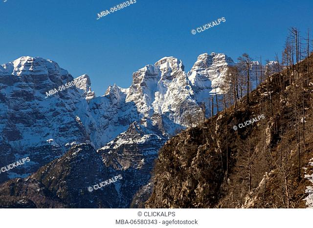 Europe, Italy, Veneto, Belluno, Monti del Sole, the Stornade and the Feruch snow capped, seen from the side of Val Clusa, Belluno Dolomites National Park