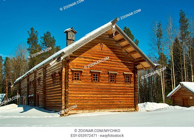 Russian Traditional wooden peasant house , Malye Karely village, Arkhangelsk region, Russia