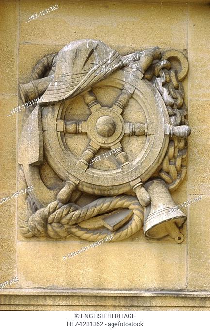 Sculptural detail, Eltham Palace, London, 1999. A sculptural relief representing yachting, made in 1936 by Gilbert Ledward