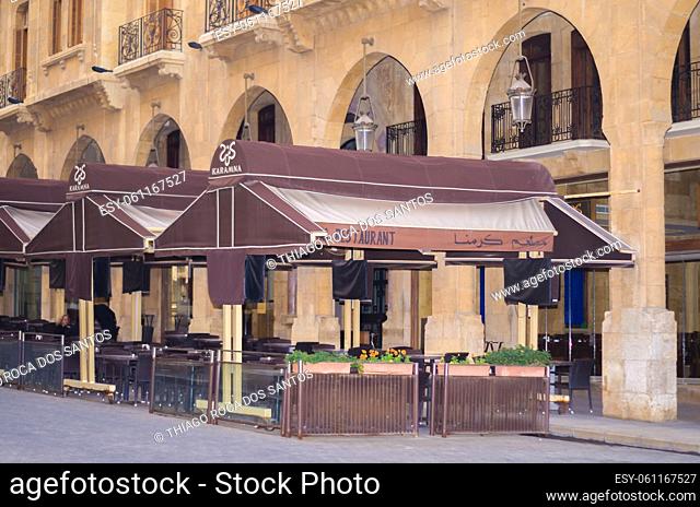 Beirut, Lebanon, April 03 - 2017: New Beirut city center with coffee shop on sidewalks