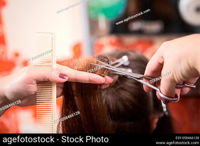Hairdresser cutting hair in hairdresser saloon. Stylist hairdresser doing haircut closeup of work equipment. Beauty industry