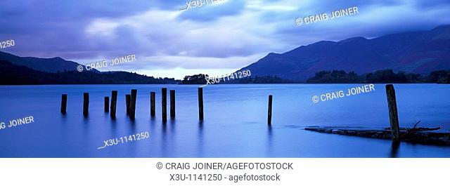 Barrow Bay landing stage underwater due to high rainfall at dusk  Derwent Water in the Lake District National Park near Keswick, Cumbria, England