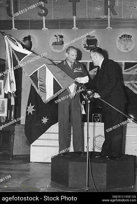 Australian Presentation To ""Monty"": Mr. Beasley presenting the Flag to ""Monty"" at Australia House, this morning (Thurs)