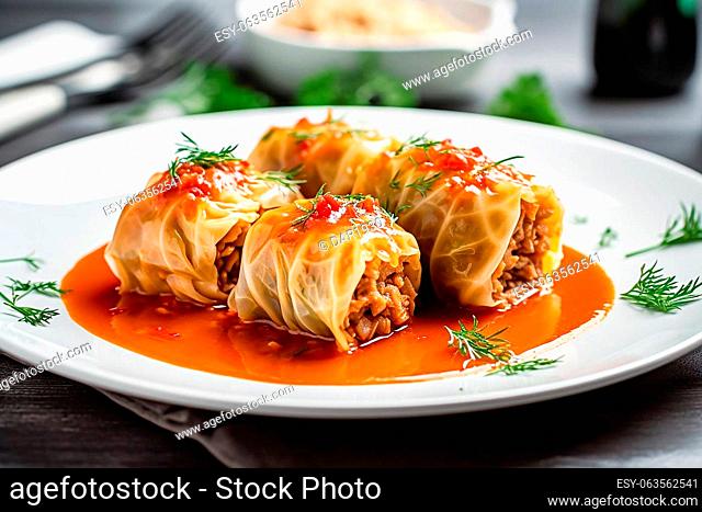 Stuffed cabbage with rice on a white table. AI generativ