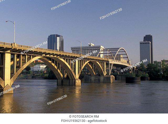 Little Rock, bridge, skyline, AR, Arkansas, Bridge crosses the Arkansas River and a view of the downtown skyline of Little Rock