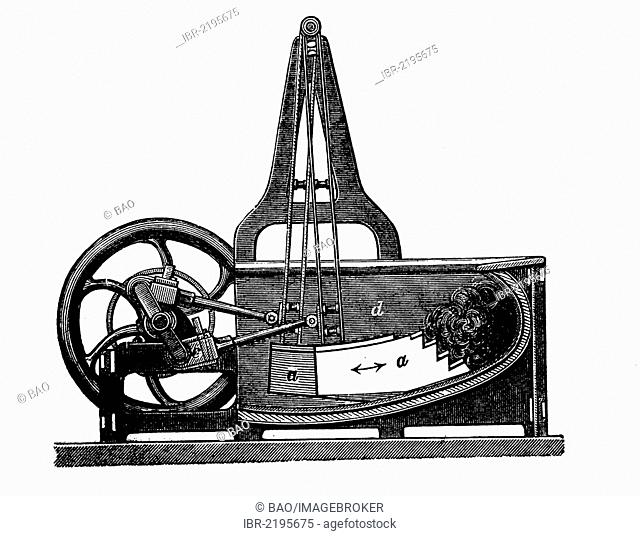 Finishing machine, crank fulling machine, historical illustration, wood engraving, circa 1888