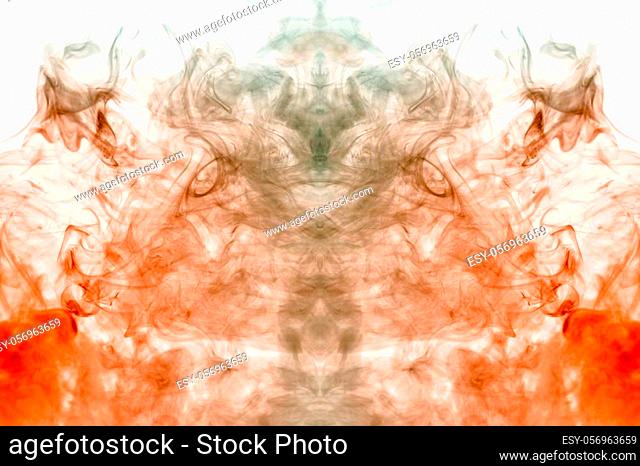 Rising flames from clubs of gray smoke on a white background depicting the mystical silhouette of the head of a vaporized vape