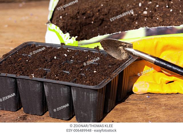 Plant trays, potting soil and gardening gloves