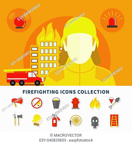 Burning building fireman and firefighting icons collection on white  background flat isolated vector..., Stock Vector, Vector And Low Budget  Royalty Free Image. Pic. ESY-058902329 | agefotostock