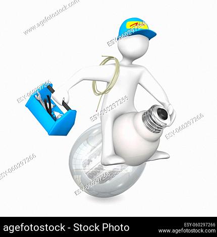 Electrician with tools rides on the LED. 3d illustration