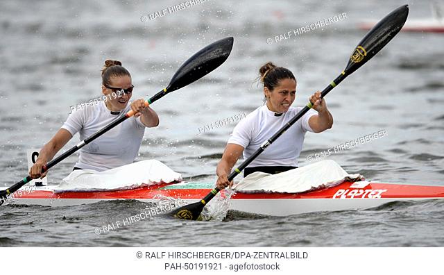 Canoeists Sofiya Yurchanka and Aleksandra Grishina (R-L) of Bulgaria in action during the women's 1000 meters heat on Lake Beetzsee in Brandenburg and der Havel