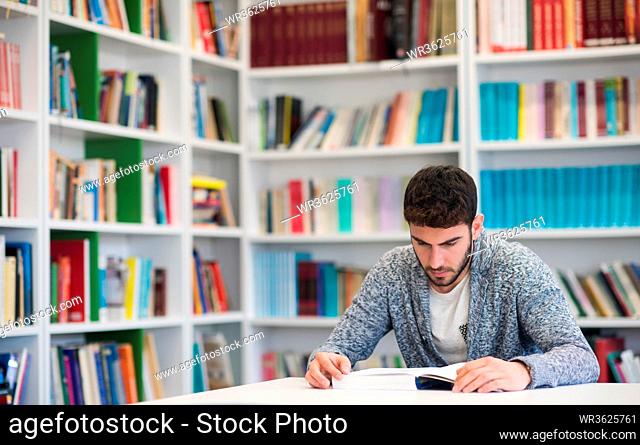 Portrait of happy student while reading book in school library. Study lessons for exam. Hard worker and persistance concept