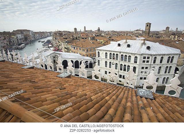 Venice Veneto Italy on January 20, 2019: Aerial view from the top of Fondaco dei Tedeschi, luxury department store terrace