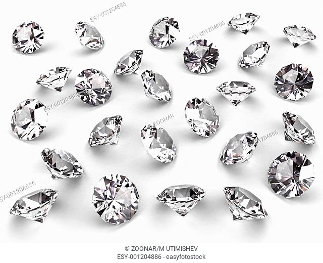 Several diamonds with realistic soft shadows on white. High resolution 3D image
