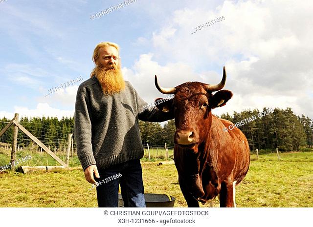 Philippe Demoisson, farmer and gatherer of aromatic and medicinal herbs in the village of Saint-Bonnet-le-Bourg, with a Ferrandaise cattle