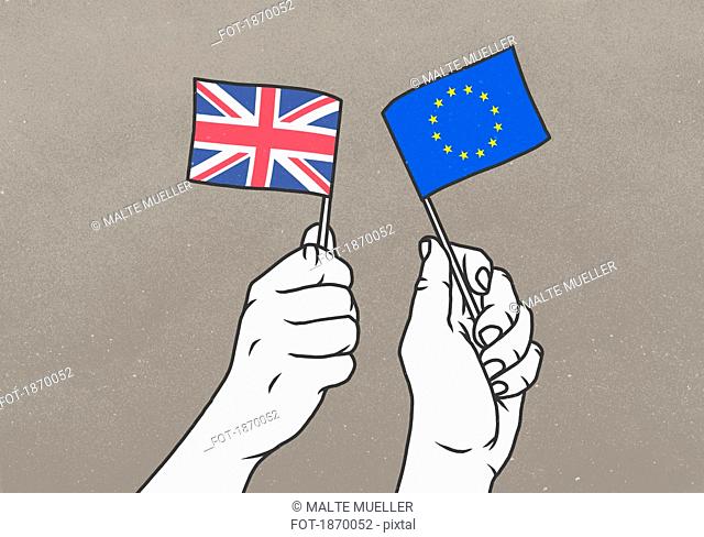 Hands waving small British and European Union flags