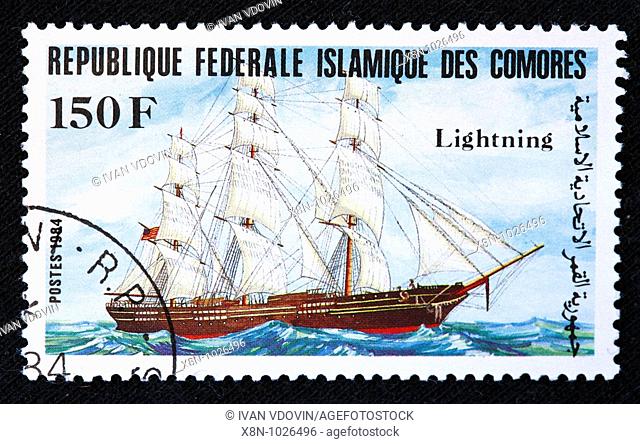 Sail ship Lightning, postage stamp, Comoros, 1984
