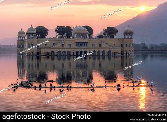 morning sunrise light over jal mahal ""water palace"" in Jaipur, Rajasthan, India. Famous palace built in the middle of Man Sagar Lake