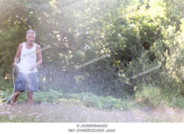 Grass, man watering garden on background