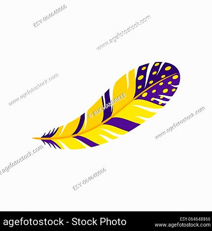 Cartoon feather Barranquilla carnival holiday object, folkloric celebration attribute. Vector colombian exotic feather in yellow and purple colors