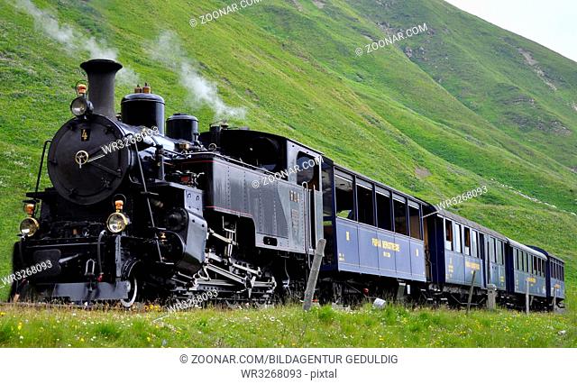 Schweiz, Dampfbahn der Furkapasstrecke, Furkabergstrecke, nostalgische Bahnstrecke am Furkapass Realp - Gletsch, Schweiz
