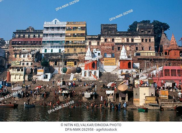 Temples at Ahilyabai Ghat, River Ganga, Varanasi, Uttar Pradesh, India, Asia