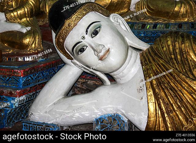 Reclining Buddha. Telephoto. Shwedagon Pagoda, Yangon, Myanmar, Southeast Asia