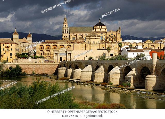 Cathedral, Mosque of Cordoba, Puente Romano, River Guadalquivir, Cordoba, Andalucia, Spain, Europe
