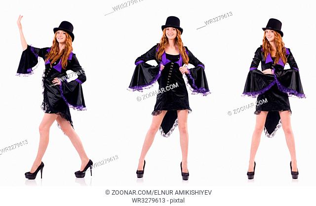 Pretty girl in purple carnival clothing and hat isolated on white