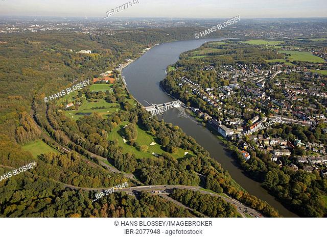 Aerial view, golf course at Baldeneysee or Lake Baldeney, Ruhr river, Essen-Werden, Essen, Ruhr Area, North Rhine-Westphalia, Germany, Europe