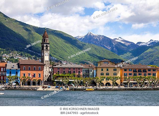 View of Ascona, looking towards Pizzo Vogorno Mountain and Madone Mountain, lake Lago Maggiore, Ticino, Switzerland, Europe