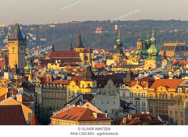 View from a lookout at Letna Park over the old town at first sunlight, Prague, Bohemia, Czech Republic, Europe