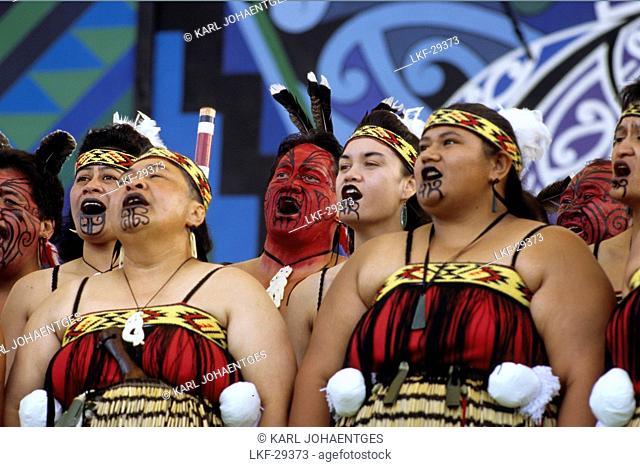 Maori with facial painting and Moko tattoo at festival, Rotorua, North Island, New Zealand, Oceania