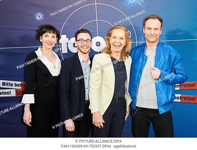 09 April 2019, Berlin: The actors Meret Becker (l-r), Jonas Hämmerle, RBB director Patricia Schlesinger and actor Mark Waschke are on the red carpet for the...