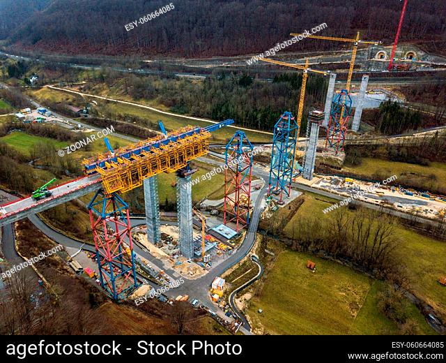 Muehlhausen, Germany - December 30, 2018: Aerial of the new bridge construction of the Stuttgart 21 railway project at Muehlhausen on the Aichelberg near...