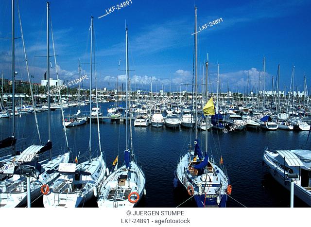 View at boats at marina, Port Olimpic, Barcelona, Spain, Europe