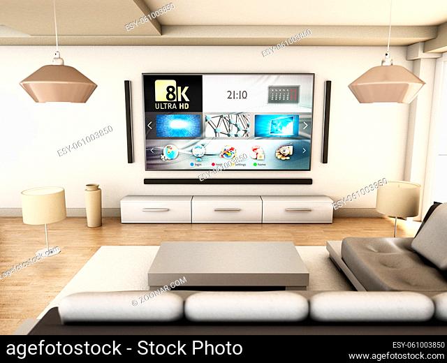 8K tv hanging on the wall of a modern room. 3D illustration