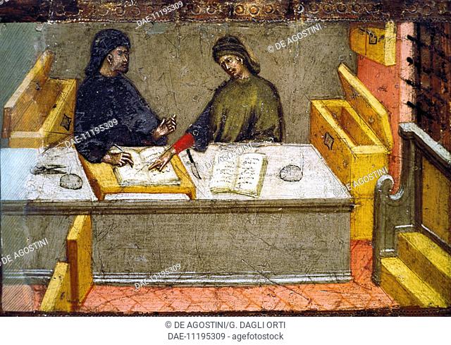 Chamberlain with his secretary in his office, 1434, painting by Paolo di Giovanni Fei (1345-1411), Biccherna tablet, tempera on canvas, 28x41cm