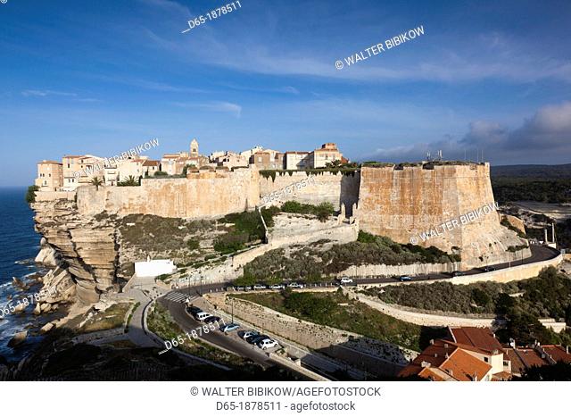 France, Corsica, Corse-du-Sud Department, Corsica South Coast Region, Bonifacio, elevated view of the Haut Ville high city and Citadel