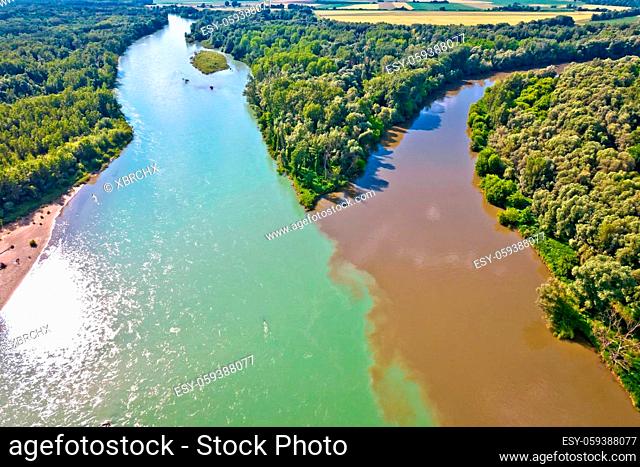 Aerial view of Drava and Mura rivers mouth, Podravina region of Croatia, border with Hungary