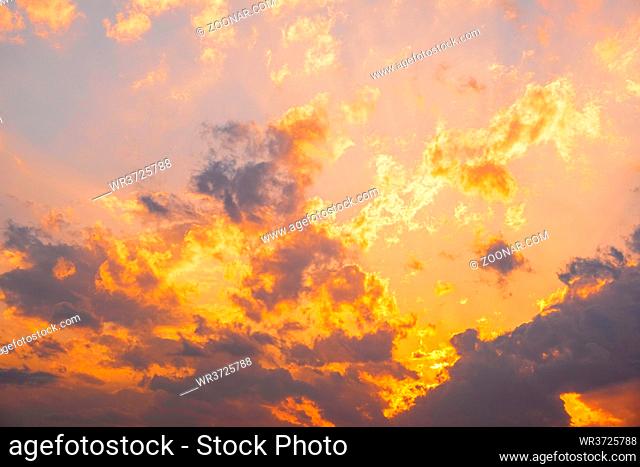 View of sky. Orange blue and violet color sunset sky background. Colorful landscape