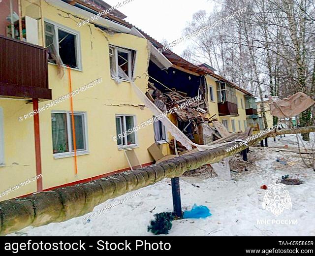 RUSSIA, REPUBLIC OF TATARSTAN - DECEMBER 21, 2023: A view of a two-storey residential building hit by a gas blast in the village of Osinovo